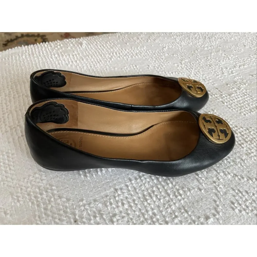 TORY BURCH Size 7 Black Benton Ballet Flat Nappa Leather Gold Emblem Slip On
